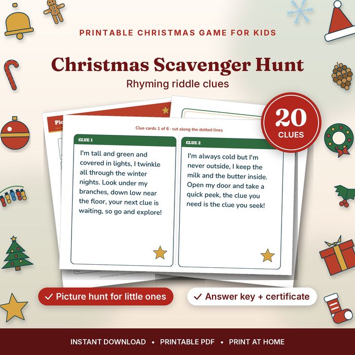 Christmas Scavenger Hunt — 20 Riddle Clues for Kids